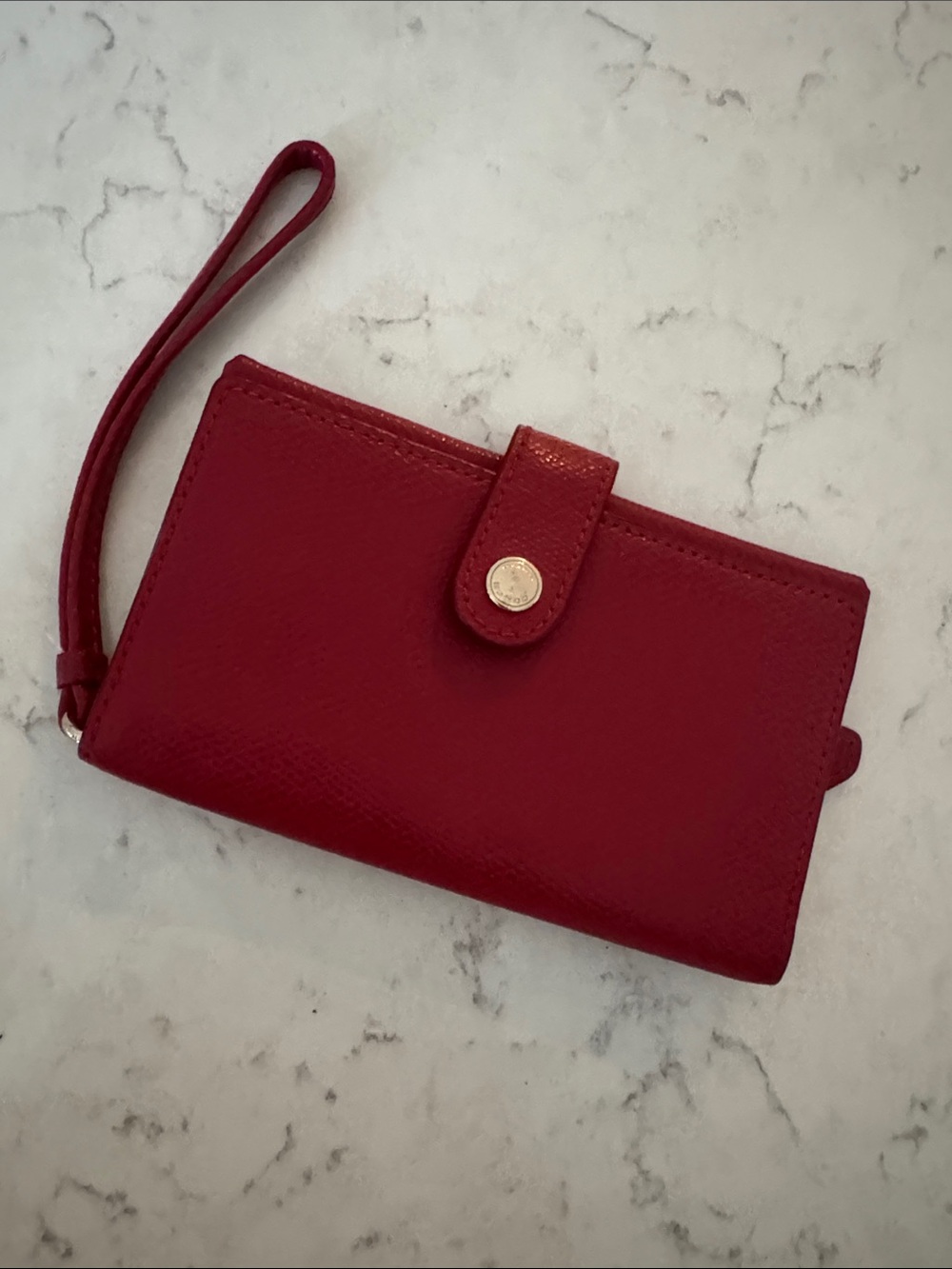 Coach Red Pebble Leather Wristlet Clutch with Snap Strap